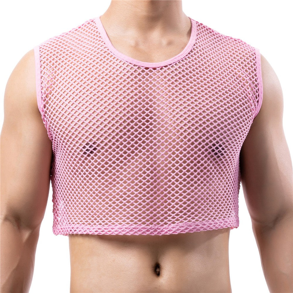 Mens Transparent Fishnet Crop Top Sexy Mesh Hollow Out Tank Tops Gym Fitness Sleeveless Undershirts T-shirts Nightclub Mini Vest