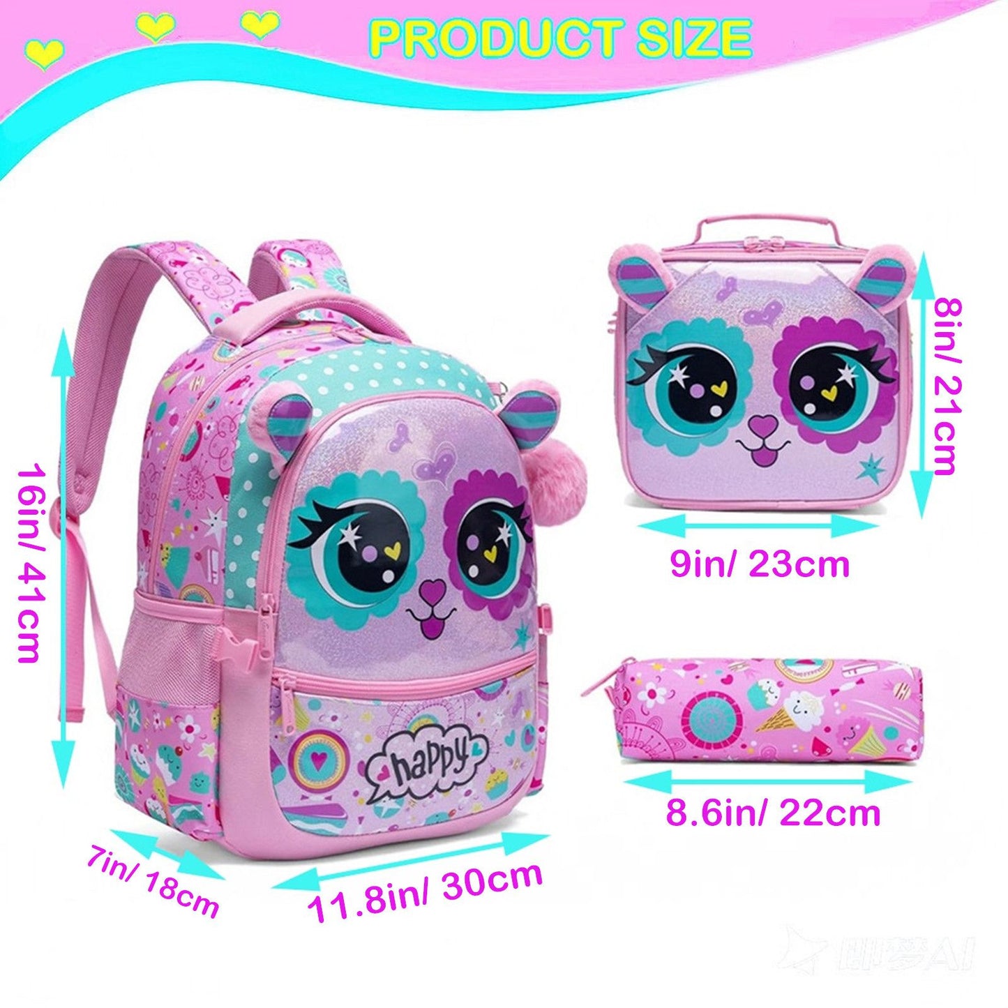 Mochila com Design de Animais Fofos para Crianças Mochila Escolar com Lancheira Grande Capacidade Leve para Estudantes Presente Perfeito