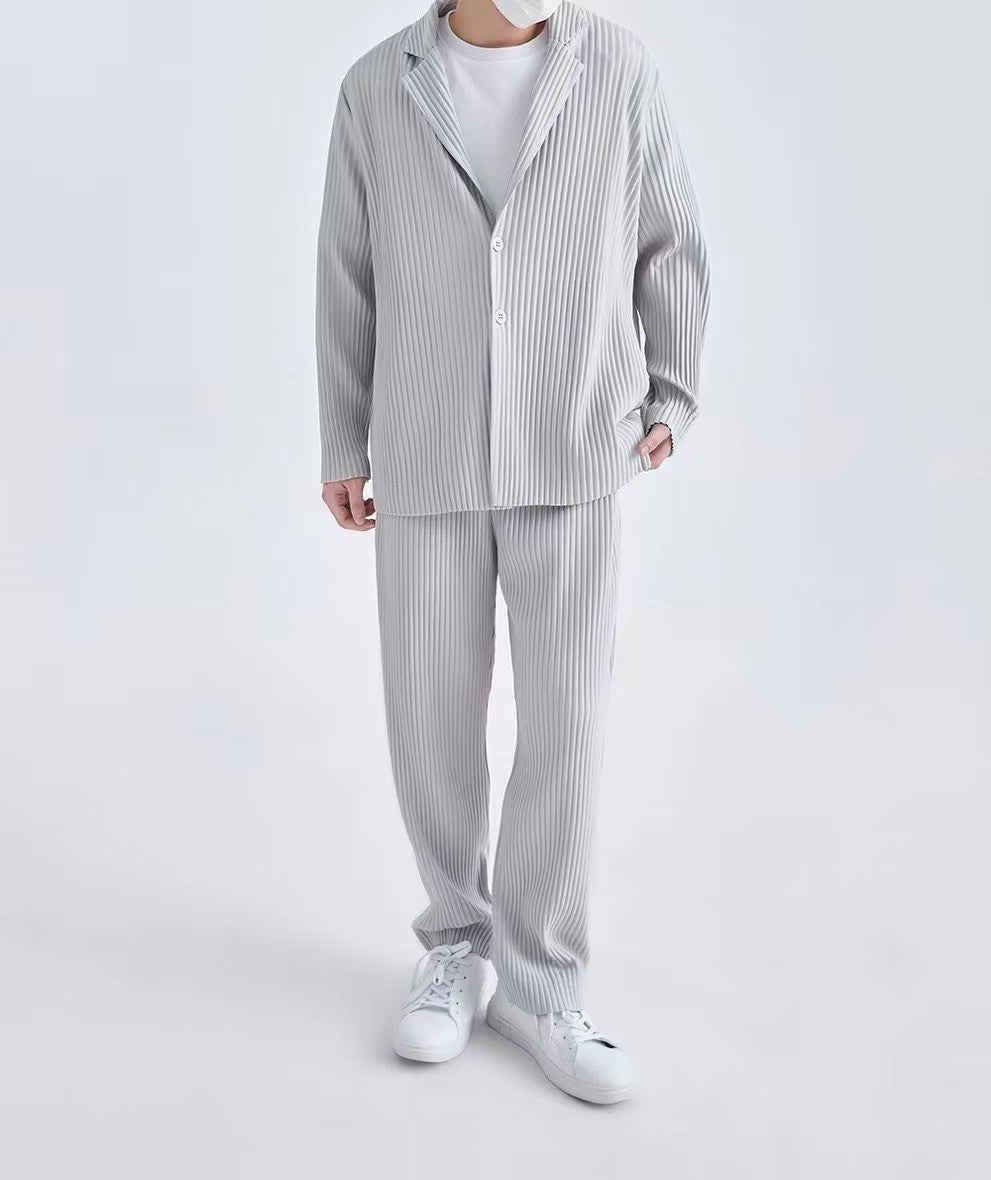 Miyake New 2025 Spring Suit Long Sleeve Pleated Pleated Men's Jacket Lapel Pleated Solid Color Fashion Loose Plisse Casual Top