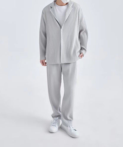 Miyake New 2025 Spring Suit Long Sleeve Pleated Pleated Men's Jacket Lapel Pleated Solid Color Fashion Loose Plisse Casual Top