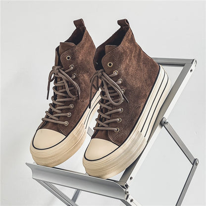 Novos Sapatos Masculinos de Cano Alto com Sola Plana, Botas de Trabalho Casuais para Exteriores com Sola Grossa, Sapatos Masculinos para Caminhada, Tênis de Lona de Cano Alto para Casais
