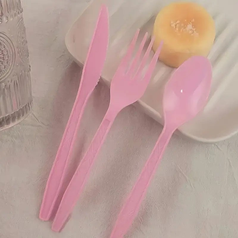 Conjunto de 75 Garfos, Colheres e Facas Rosas Reutilizáveis | Lavável, Talheres de Plástico para Festa