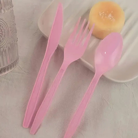 Conjunto de 75 Garfos, Colheres e Facas Rosas Reutilizáveis | Lavável, Talheres de Plástico para Festa