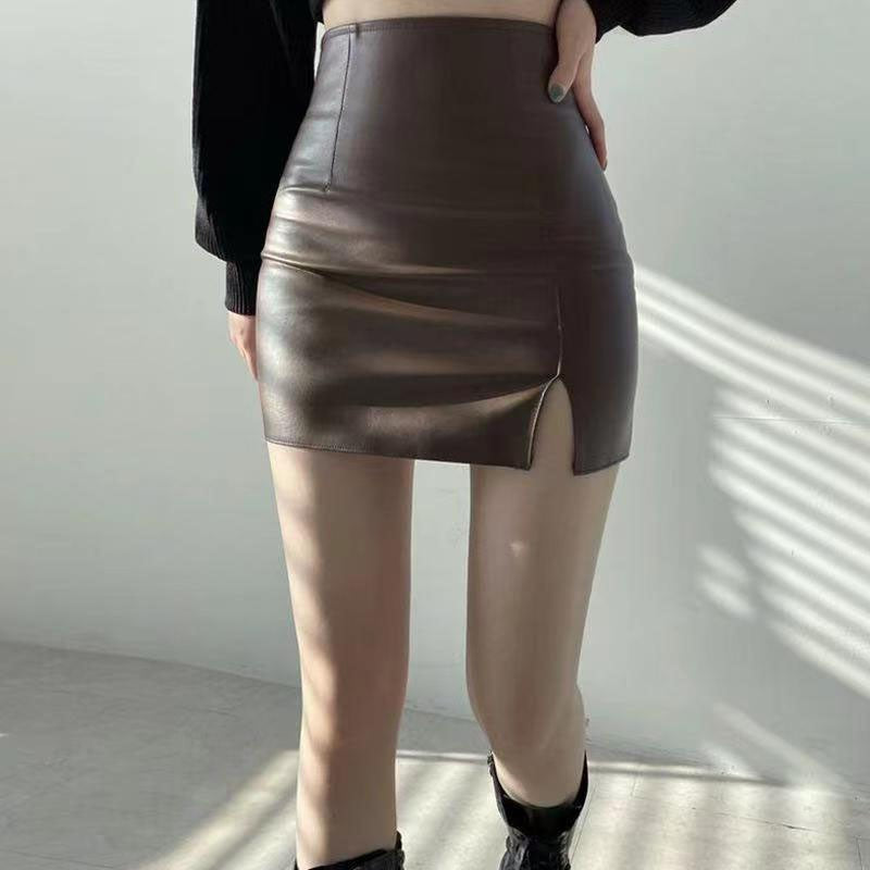 Xpqbb Balck PU Leather Mini Skirt Women Sexy Skinny High Waist Side Split Hip Skirts Autumn New Korean Office Lady Short Skirt