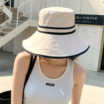 Women Summer Wide Brim Striped Bucket Hat Soft Cotton Fordable Panama Cap For Lady Outdoor Solid Color JK Beach Tour Basin Hat