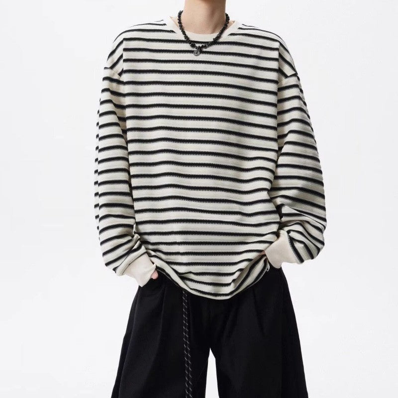 Lazy Style Striped Loose T Shirts Men's Long Sleeve All-match Youth Street Casual Tops Spring Autumn Korean Trend Men Clothing