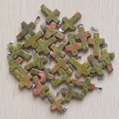 Wholesale 50pcs/lot Fashion Hot Sell Natural Stone Mixed Color Assort Cross Pendants Charms Fit Necklaces Jewelry Making