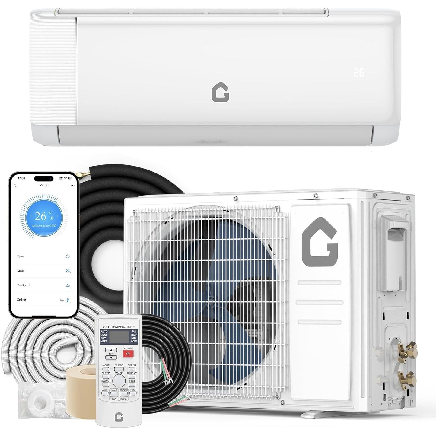 Ar Condicionado Mini Split Quente e Frio 9000 BTUs, 18.5 SEER2, 208-230v, Unidade AC sem Duto para 42 m², WiFi, Controle Remoto, Inversor Silencioso