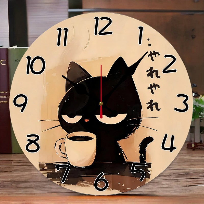 Japanese Style Cat Wooden Round Silent Hanging Wall Clock, Suitable For Living Room, Office,Study Room, Bedroom, Home Decoration