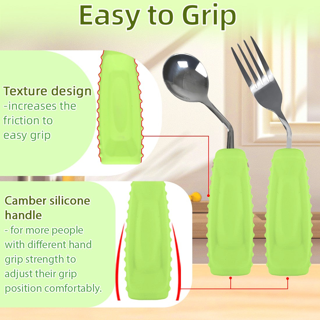Ehucon Conjunto de Colher e Garfo Antiderrapante com Ângulo e Boca Pequena, Alças de Fácil Manuseio para Parkinson, Idosos, Tremores nas Mãos, Demência