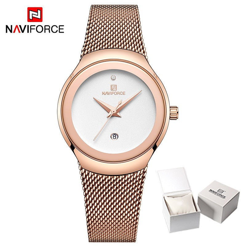 NAVIFORCE Luxury Green Analog Date Quartz Fashion Ladies Watches Mesh Steel Strap Waterproof Business Women Wristwatch Clocks