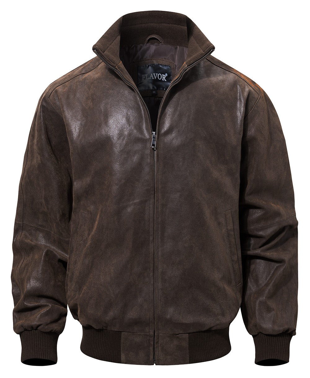 FLAVOR Men's Real Pigskin Leather Bomber Casual Jacket Stand Collar Leather Coat
