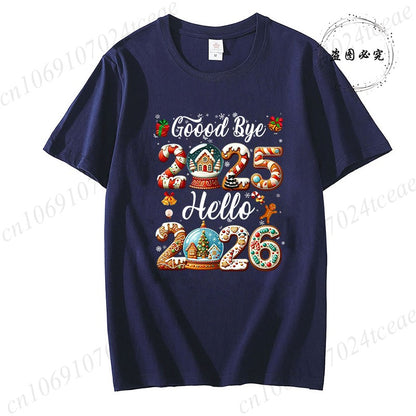 Good Bye 2025 Hello 2026 Shirt for Women Men Tops,Merry Christmas T-Shirts,Happy New Year 2026 T-shirt,Family Holiday Outfit,