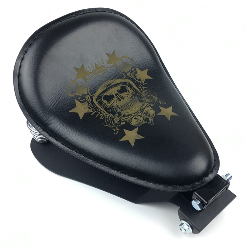 Assento Individual de Couro Retrô Marrom/Preto Caveira para Motocicleta + Suporte de Mola de 3" para Harley Custom Chopper Bobber Assento de Selim de Couro