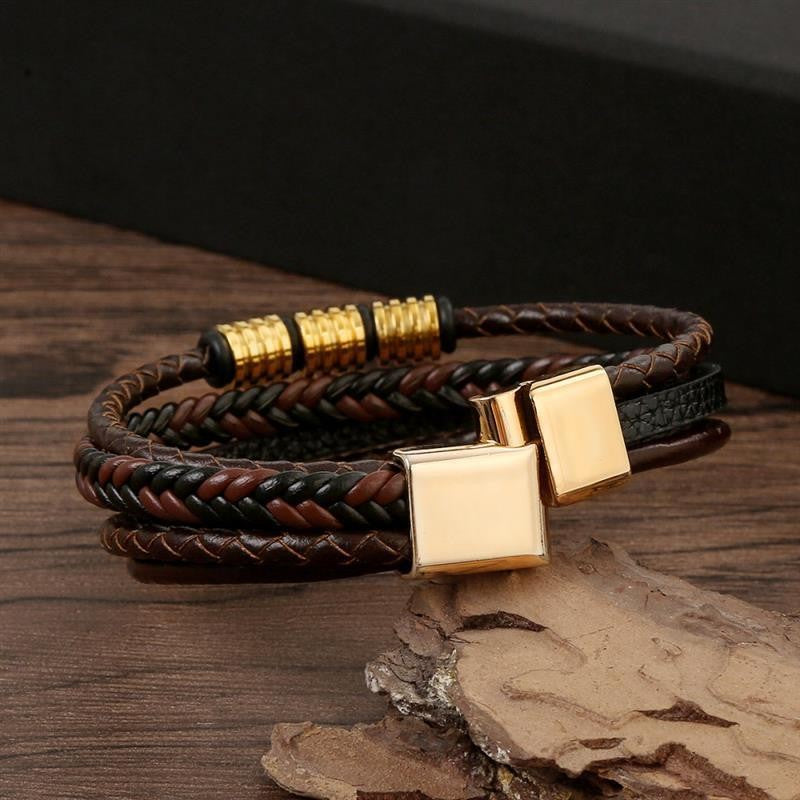 Pulseira de Couro Masculina Punk com Fecho Magnético de Aço Inoxidável Trançado em Camadas Envoltório de Couro Pulseiras Presente Joias Masculinas