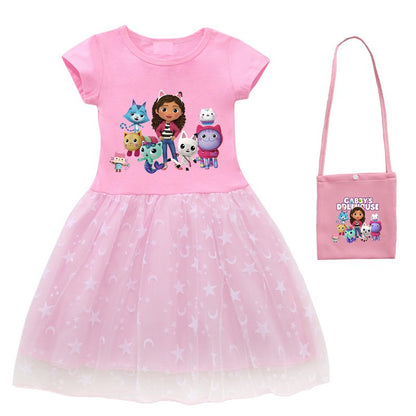 2024 New Summer Cartoon Gabby Cats Dresses Baby Girls Princess Dress Bag Headband Kids Gabby's Dollhouse Cosplay Costume