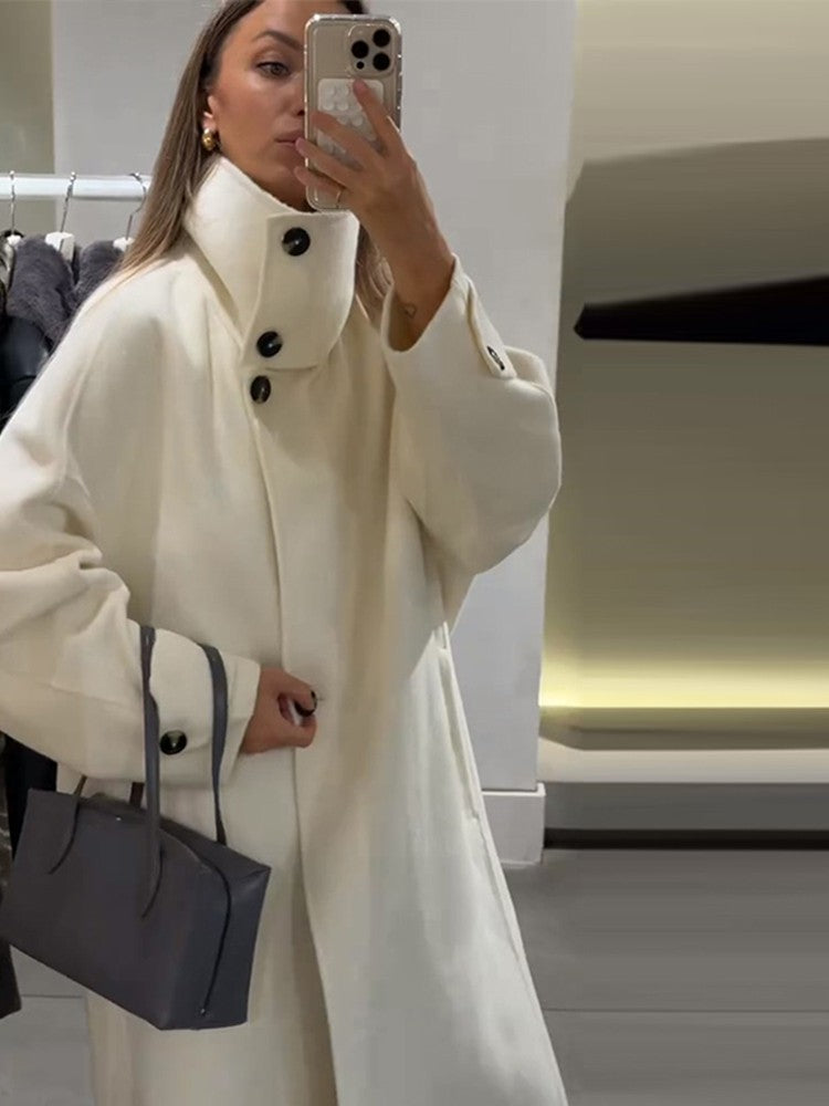 Elegant Women's Overcoat Stand Collar Single Breasted Full Sleeve Solid Female Long Coats 2025 Autumn Fashion Chic Lady Outwear