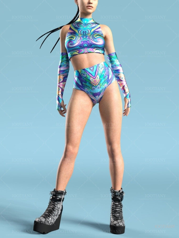 Adult Summer Role Play Bodysuit Women Sexy Hollow Sleeveless Blue Graffiti Art Swimsuit Carnival Party Stage Performance Clothes