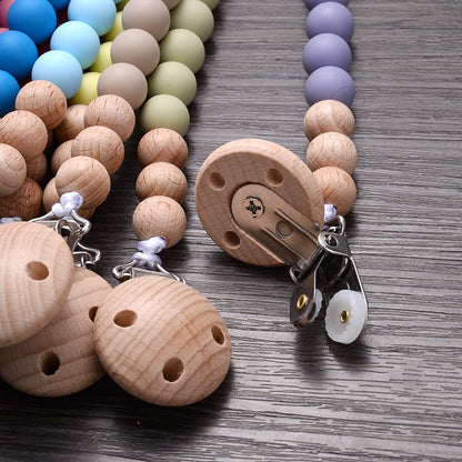 Handmade Beech Wood Baby Pacifier Chain Round Silicone Beads Infant Appease Soother Clips Anti-Drop Dummy Holder Nipple Clip