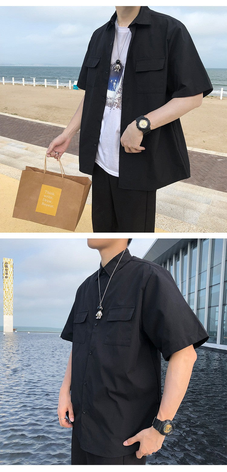 Summer Basic Shirts for Men 2025 New Half Sleeve Cargo Shirts Loose Casual Lapel Cardigan Tops Male Shirt Coats Retro Streetwear