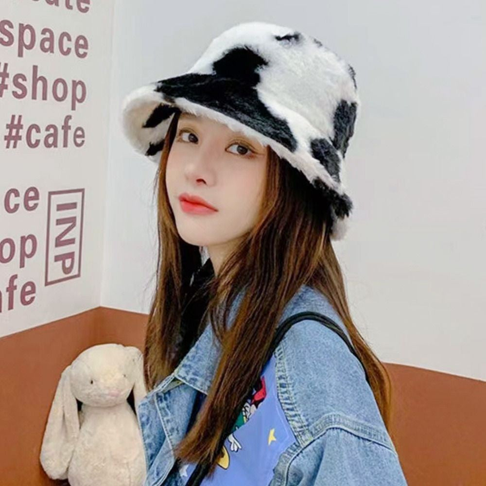 Winter Bucket Hat Women's Fashion Milk Cow Grain Panama Warm Hats Female Vintage Faux Fur Fisherman Cap Hats For Women Casual