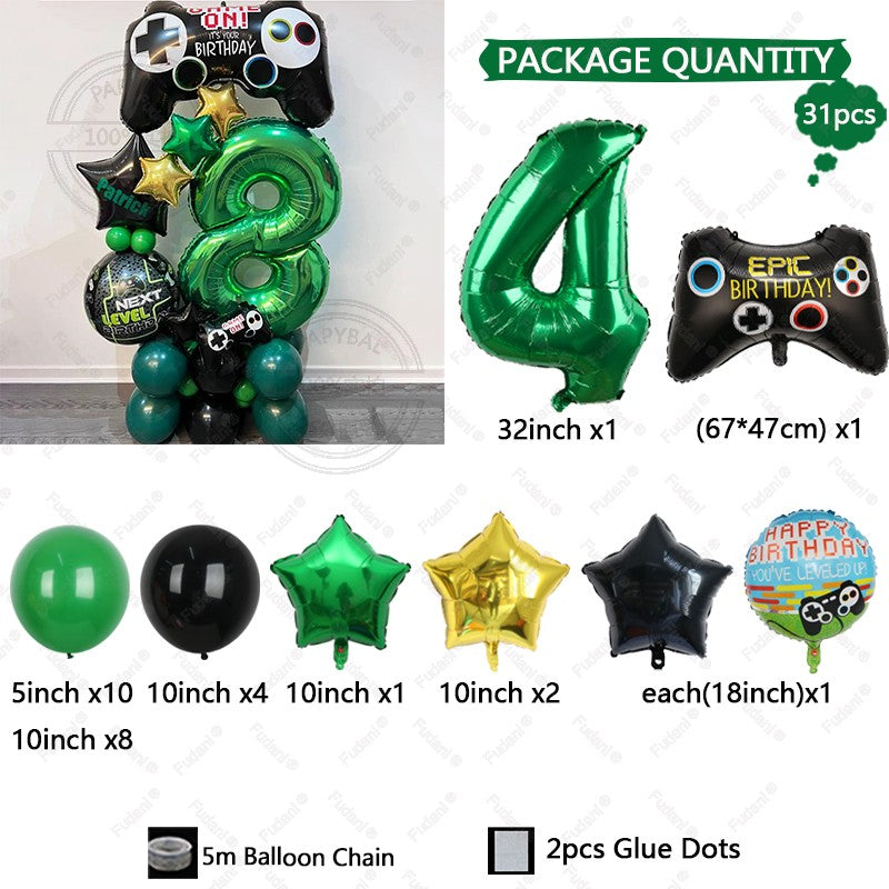 31pcs Gamepad Theme Balloon Green Number Birthday Balloon Set Game Theme Party Decoration Birthday Surprise Gifts