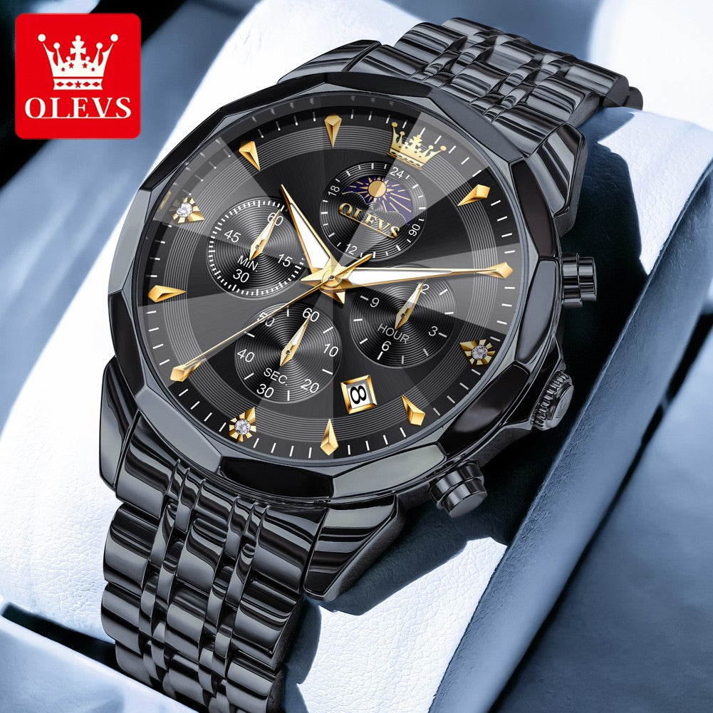 OLEVS Original Fashion Moon Phase Men's Watches Waterproof Chronograph Quartz Watch Stainless steel Calendar Brand Wristwatch