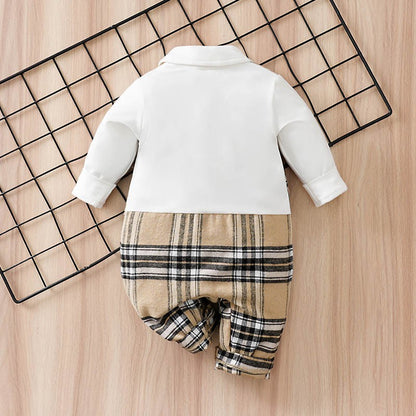 Newborn Baby Boy Clothes white baby onesie with khaki check print One-piece Vest gentleman's spring and autumn pajamas