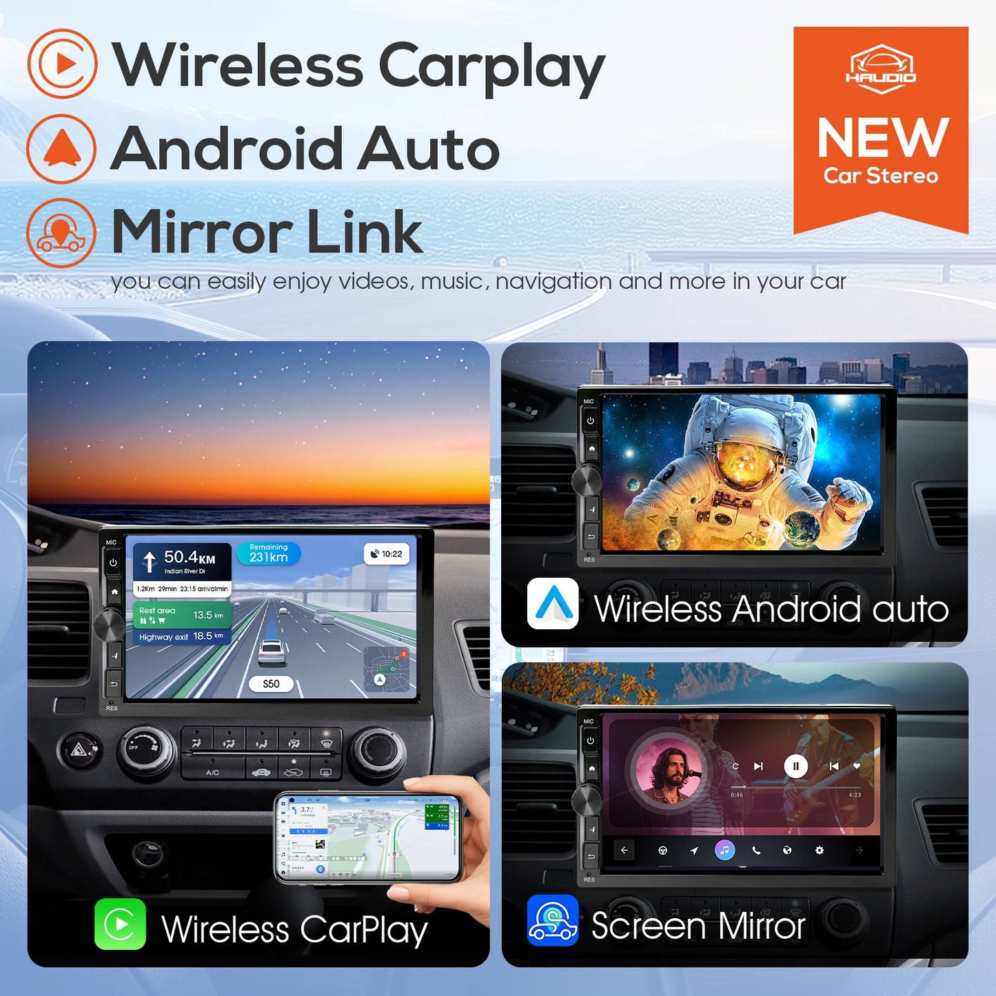 Haudio Double Din Car Stereo, 7" Car Radio with Wireless Carplay/Android Auto/BT 4.1/Backup Camera/Mirror Link/WiFi/FM/AM/RDS