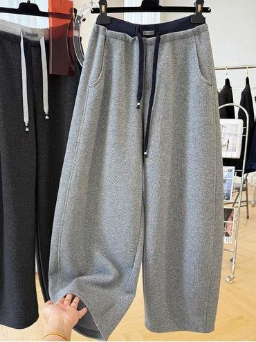 Patchwork Drawstring High Waist Wide Leg Pants for Women Spring and Autumn  Curved Hem Trousers