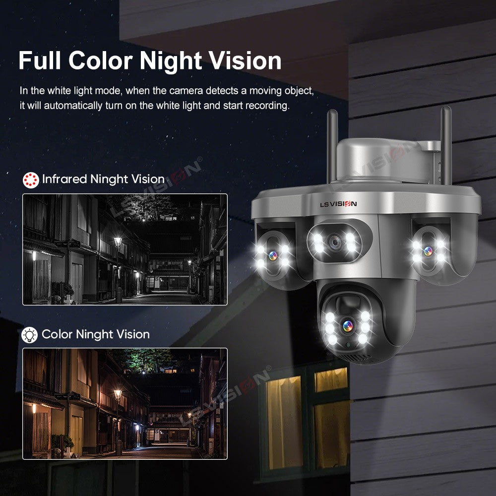 LS VISION Multiple Lens 3 Screen Wifi Outdoor Security Solar  Camera Panoramic Monitor Mobile   Siren Alarm Solar CCTV Camera