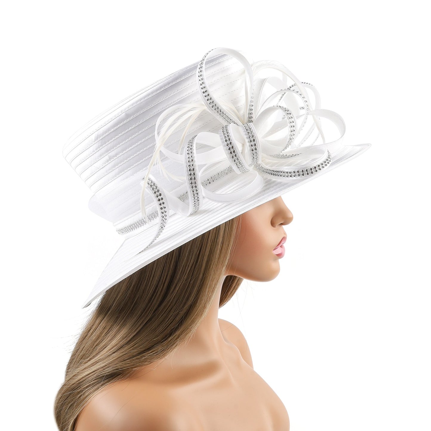 Deluxe New White Church Hat Party Banquet Satin Cloth Photography Hats Premium Chains Formal Hat Flower Top Cap For Women Ladies