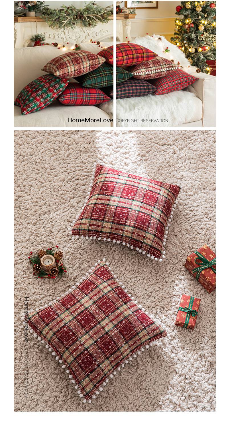 Home Christmas Decor Plaid Cushion Covers Red Checkered Polyester Cotton Xmas Ornament Snowflake Throw Pillowcase Decorative