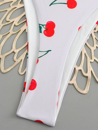 Sexy Cherry Print Triangle Brazilian Bikini Push Up Swimsuit 2 Piece String Bandage Bikinis Swimwear Women Thong Bathing Suit
