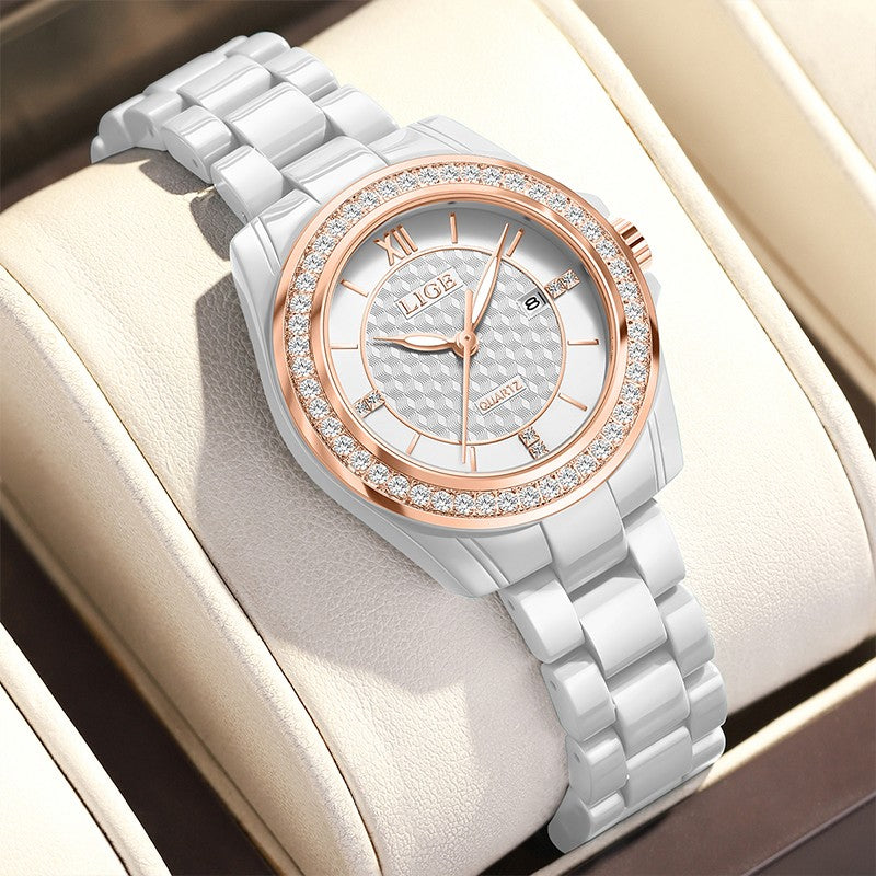LIGE Fashion Quartz Watch for Women Stainless Steel Ceramics Strap Waterproof Women's Watches Elegant Luxury Ladies Wristwatch