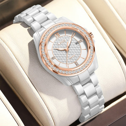 LIGE Fashion Quartz Watch for Women Stainless Steel Ceramics Strap Waterproof Women's Watches Elegant Luxury Ladies Wristwatch