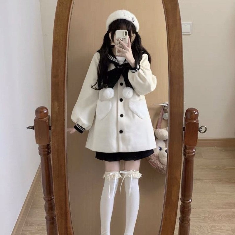 Japanese Sweet Bow Sailor Collar Black Tweed Coat Fashion All-match Jk Jackets for Women 2025 Autumn New Long Sleeve Tops Mujer