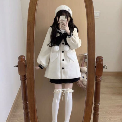 Japanese Sweet Bow Sailor Collar Black Tweed Coat Fashion All-match Jk Jackets for Women 2025 Autumn New Long Sleeve Tops Mujer