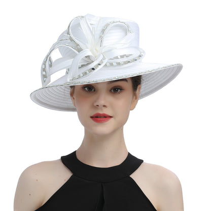 Deluxe New White Church Hat Party Banquet Satin Cloth Photography Hats Premium Chains Formal Hat Flower Top Cap For Women Ladies
