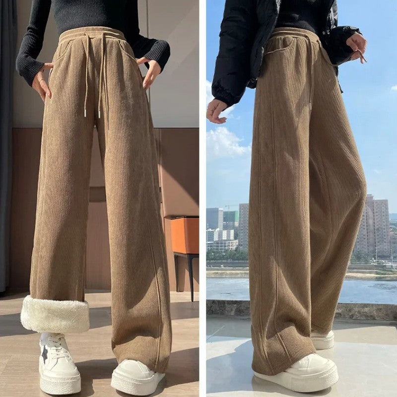 High Waist Warm Trousers Fashion Winter Fleece Thickened Women's Pants Solid Color Loose Elastic Waist Straight Casual Pants