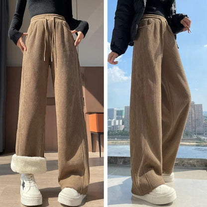 High Waist Warm Trousers Fashion Winter Fleece Thickened Women's Pants Solid Color Loose Elastic Waist Straight Casual Pants