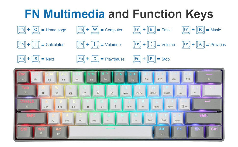 HUO JI Portable 60% Mechanical Gaming Keyboard,RGB LED Backlit Compact 61 Keys Mini Wired Office Red Switch Windows Laptop PC -