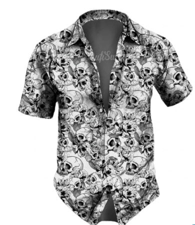Men's casual Hawaiian lapel 3D horror skull retro printed button short sleeved shirt