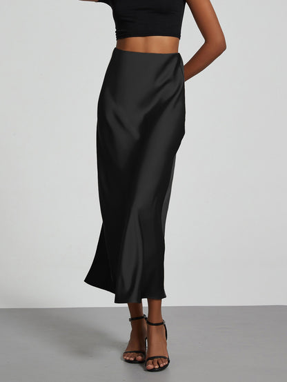 Fashion Satin Party Long Skirt High Waist Solid Color Casual Basic Women Skirts