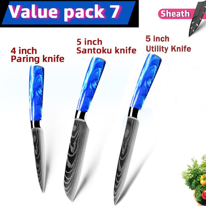 Faca de Cozinha Japonesa Chef 1-10 Peças Conjunto 7CR17 Aço Inoxidável 440C Desenho Damasco Cutelo de Carne Fatiador Santoku Ferramentas de Cozinha