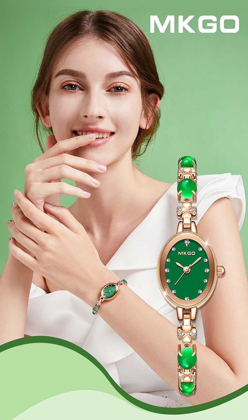 MKGO Women's Fashion Bracelet Watch Luxury Quartz Ladies Watch 30M Waterproof Premium Exquisite Emerald Crystal Female Watches