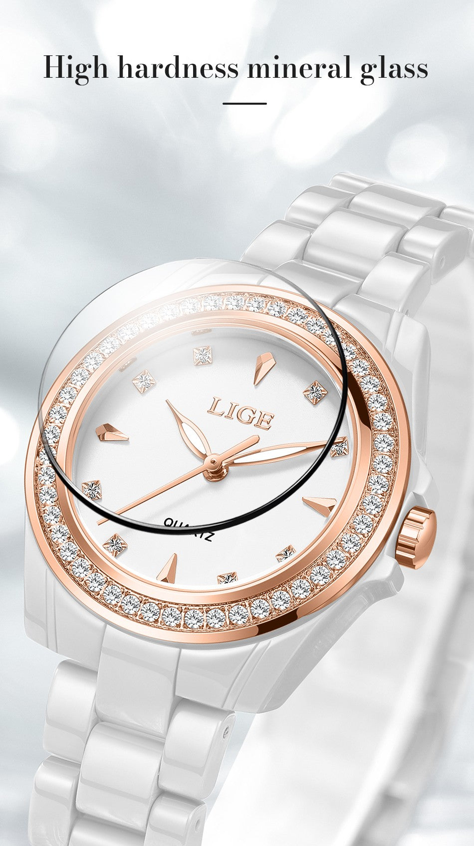 LIGE Fashion Elegant Watch for Women Ceramics Strap Diamond wristwatch Luxury Ladies Bracelet Quartz Watches Gifts Reloj Mujer