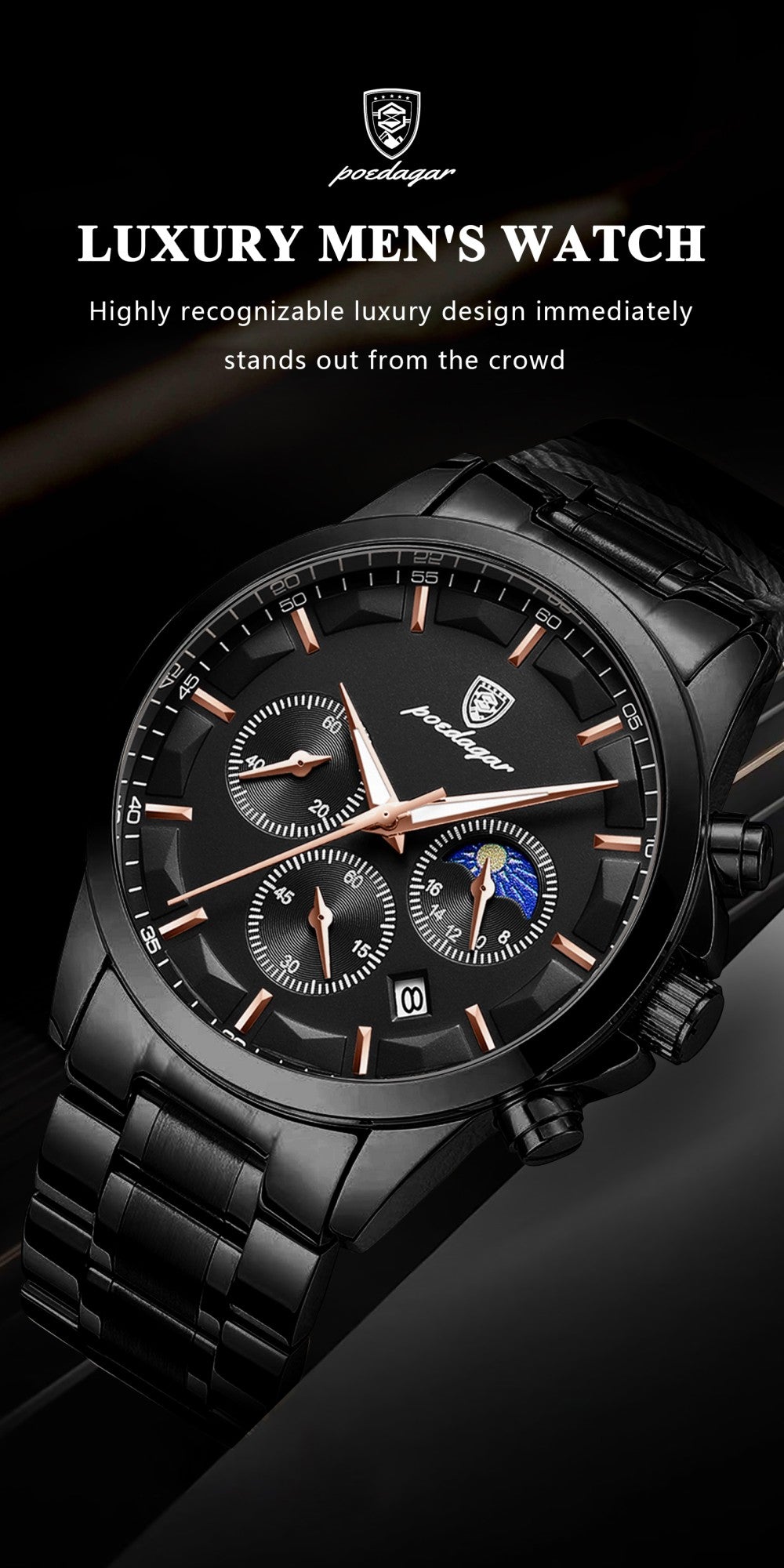 POEDAGAR Top Fashion Men's Watches Waterproof Luminous Stainless Steel Men Wristwatch Chronograph Date Quartz Business Man Watch
