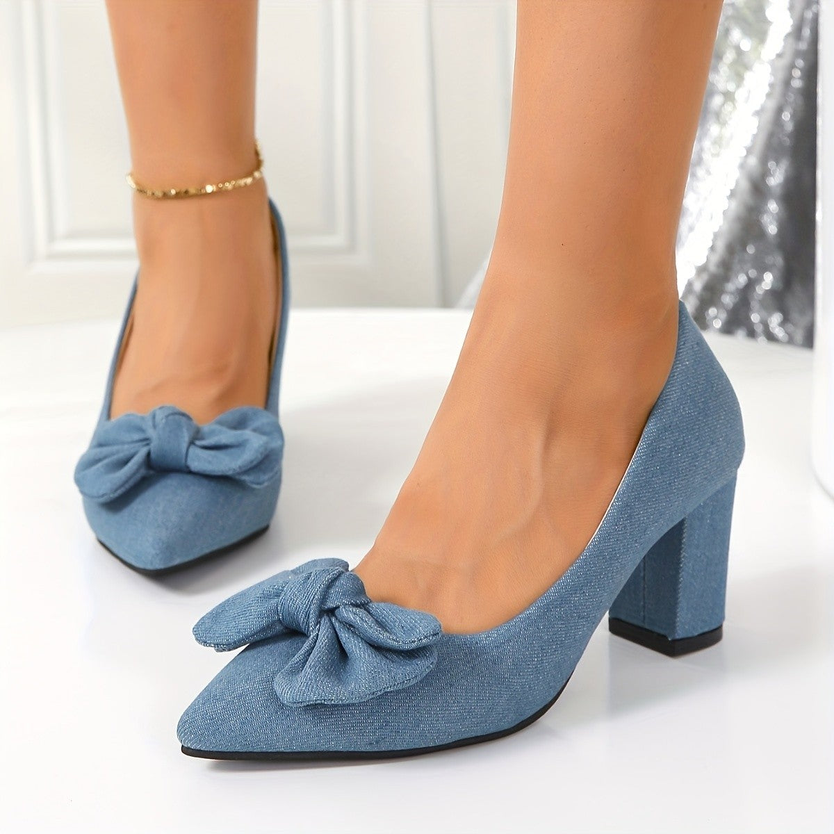 Women's Bowknot Denim Pumps Pointed Toe Slip on Chunky High Heels Fashion Dress Shoes Sapatos Femininos