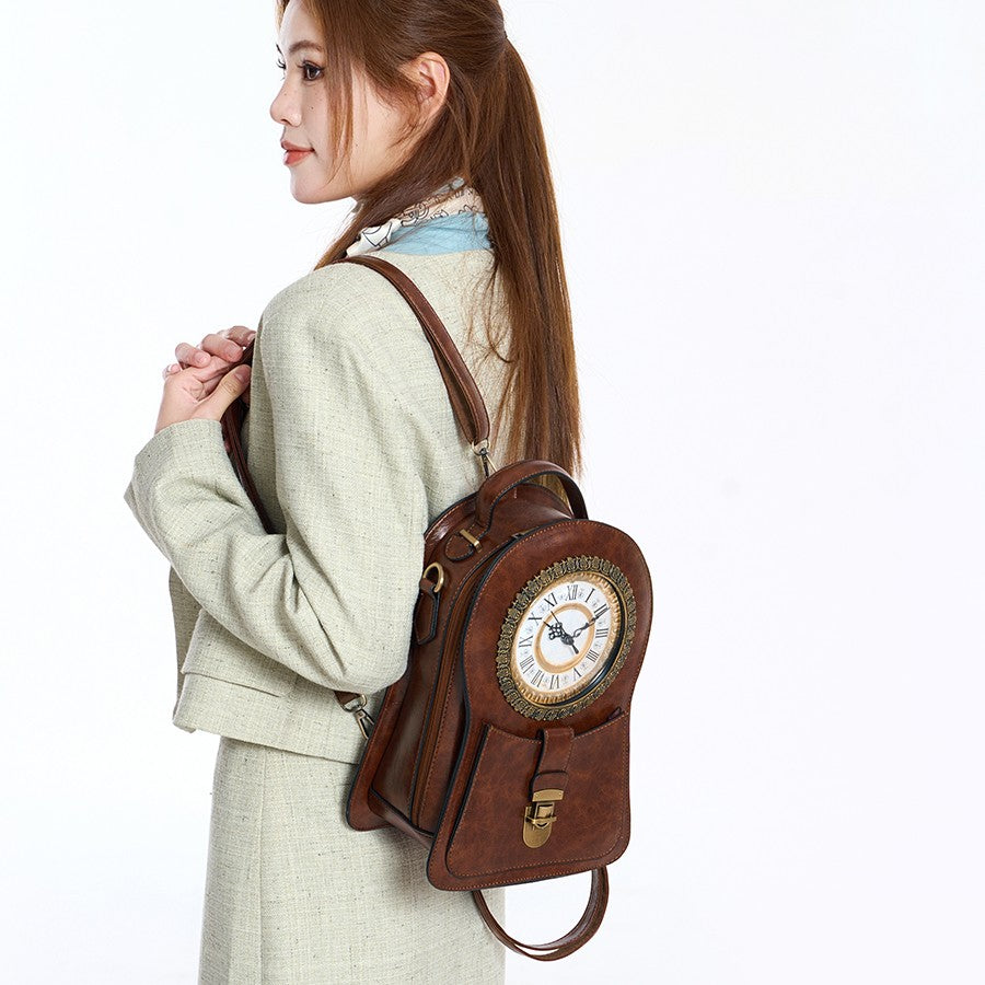 Vintage Clock Backpack, Clock-Style Fashion Shoulder Bag, Crossbody Backpack, Trendy Cool Clock Design, Large-Capacity Multifunctional Travel Bag, British Style Vertical Party Backpack, Waxed Leather Three-Dimensional Bag, Holiday Gift for Christmas